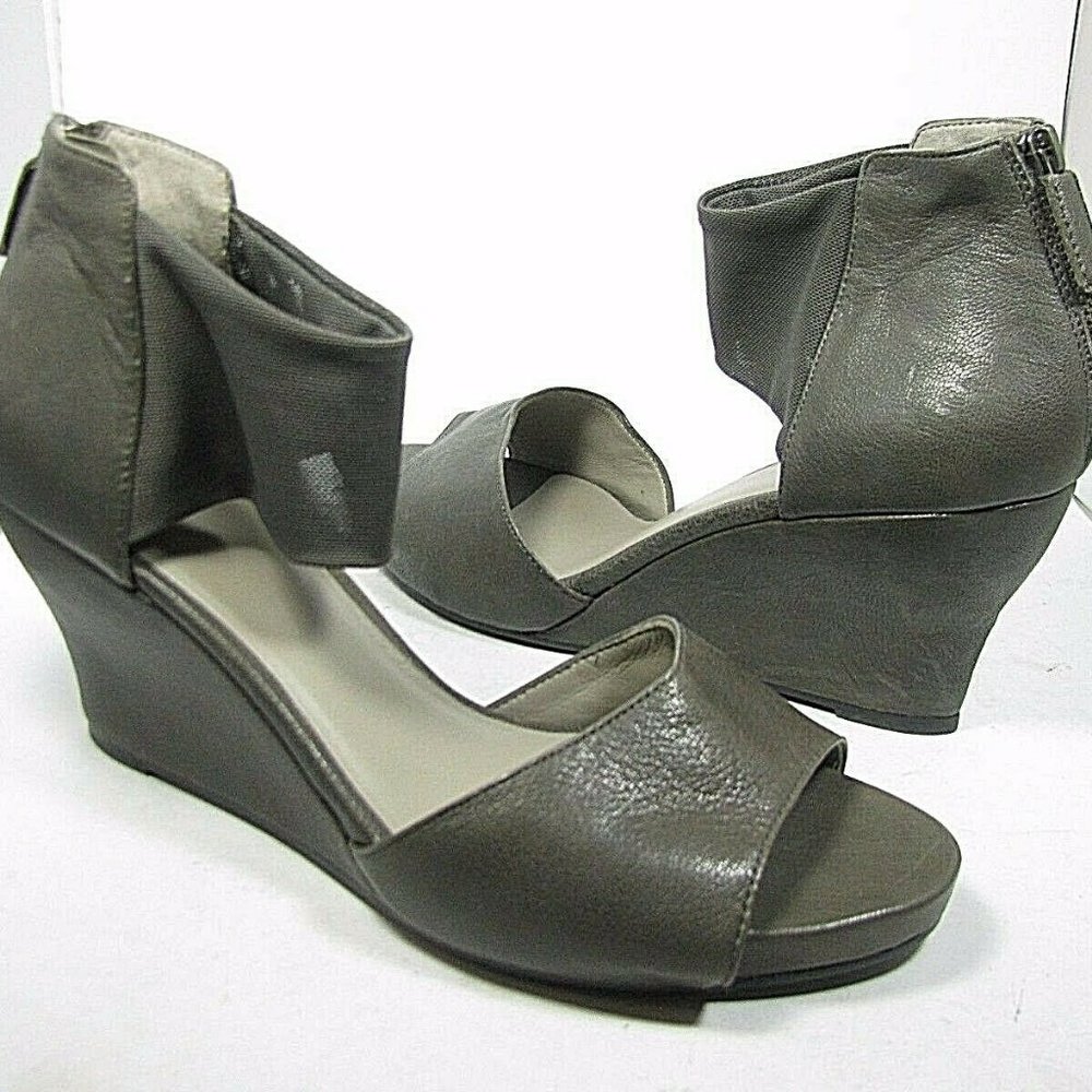 NEW EILEEN FISHER CORONA gray leather Open Toe Platform Wedge womens Sandals 10